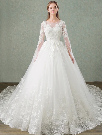 Princess Wedding Dresses 2017 Unique Sleeves Design Applique Lace Bridal Gowns With 1 M Train