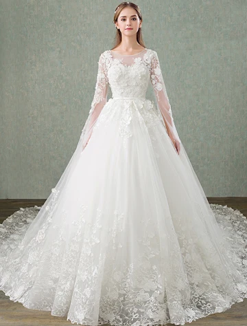 Princess Wedding Dresses 2017 Unique Sleeves Design Applique Lace Bridal Gowns With 1 M Train