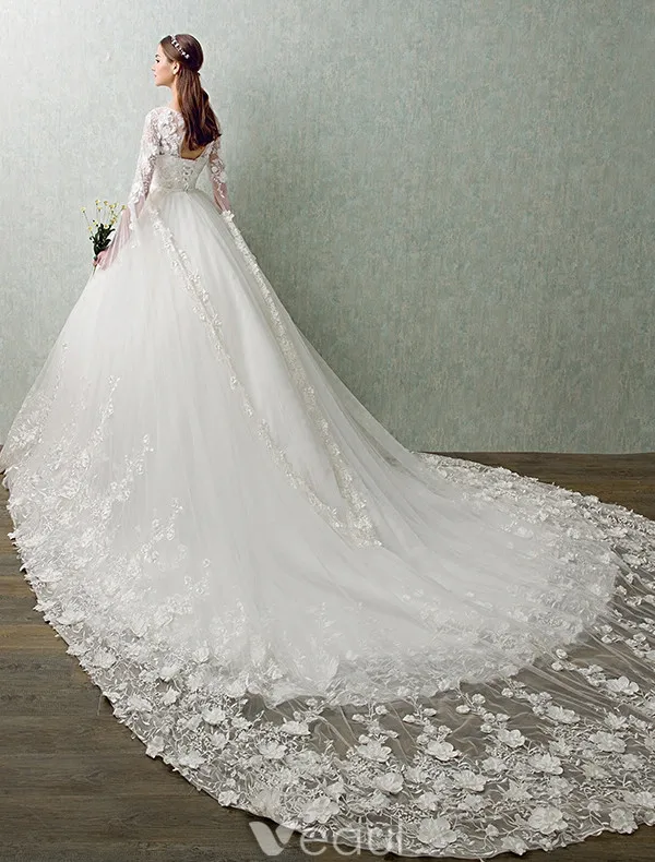 Princess Wedding Dresses 2017 Unique Sleeves Design Applique Lace Bridal Gowns With 1 M Train