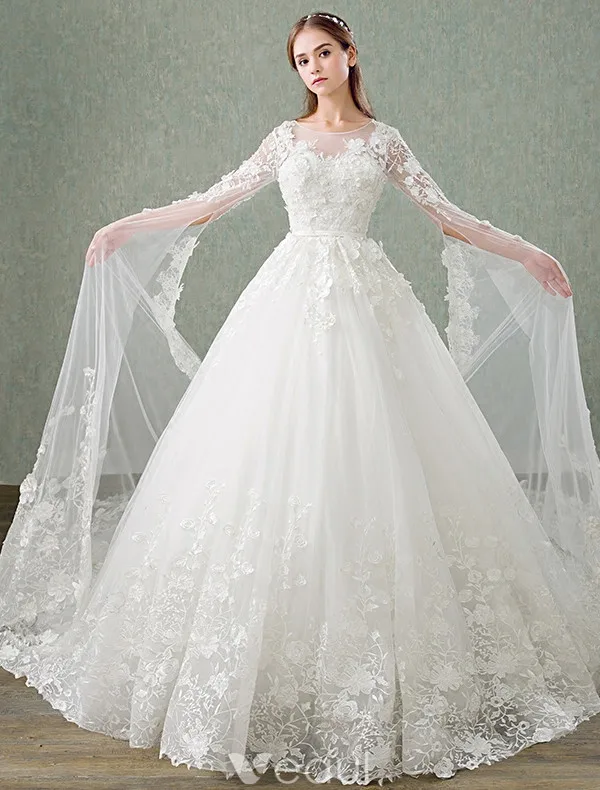 Princess Wedding Dresses 2017 Unique Sleeves Design Applique Lace Bridal Gowns With 1 M Train
