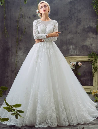 Bezaubernde A Line Brautkleider 2017 Scoop Neck Applique Spitzen Brautkleider Mit Zug