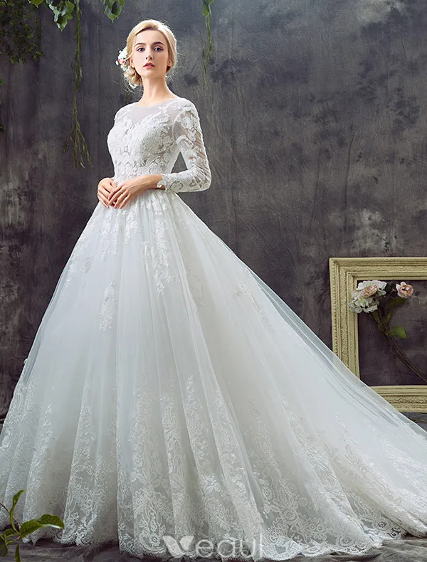 Glamorous A-line Wedding Dresses 2017 Scoop Neck Applique Lace Bridal Gowns With Train