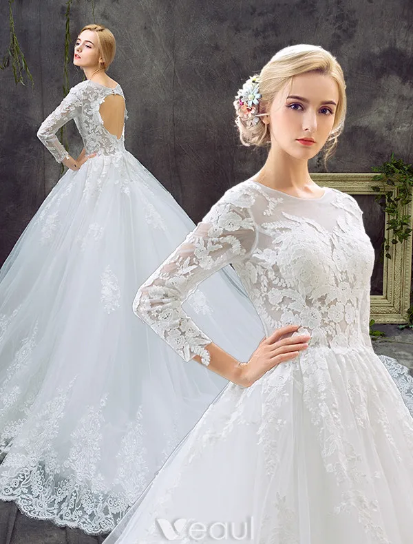 Glamorous A-line Wedding Dresses 2017 Scoop Neck Applique Lace Bridal Gowns With Train