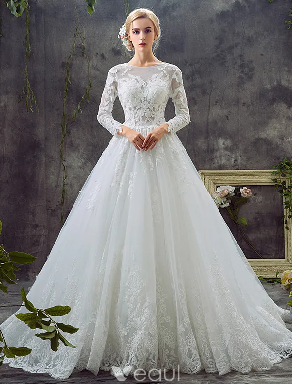 Glamorous A-line Wedding Dresses 2017 Scoop Neck Applique Lace Bridal Gowns  With Train