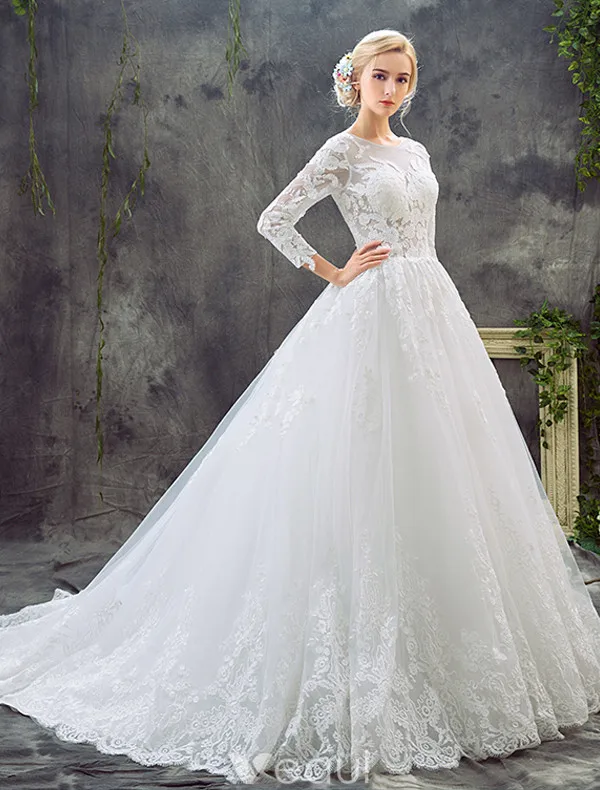 Glamorous A-line Wedding Dresses 2017 Scoop Neck Applique Lace Bridal Gowns With Train