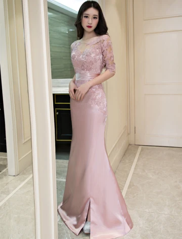 Beautiful Mermaid Evening Dress Scoop Neck Applique Lace Pink Satin Dress