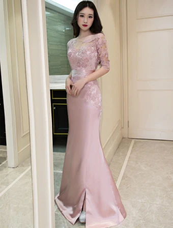 Belle Robe De Soirée Sirène Robe Scoop Cou Applique Dentelle Robe De Satin Rose
