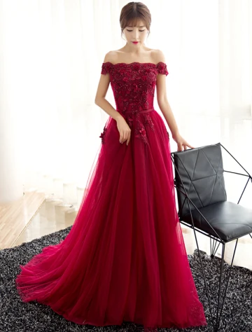 Robe De Soirée Glamour 2017 De L Épaule Perles Applique Fleurs Robe Bordeaux