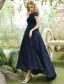 Elegant Evening Dresses 2017 Beading Scoop Neckline Navy Blue Asymmetrical Lace Dress
