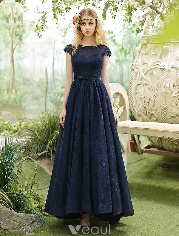Elegant Evening Dresses 2017 Beading Scoop Neckline Navy Blue Asymmetrical Lace Dress