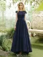 Elegant Evening Dresses 2017 Beading Scoop Neckline Navy Blue Asymmetrical Lace Dress
