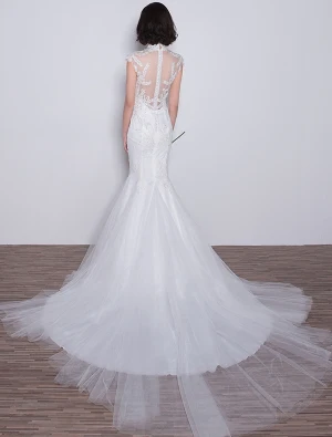 Stunning Mermaid Wedding Dresses 2017 High Neck Applique Lace Sequins Bridal Gowns