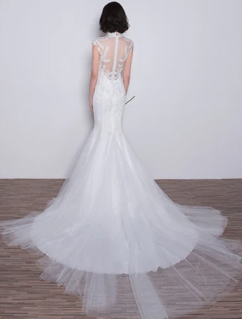 Stunning Mermaid Wedding Dresses 2017 High Neck Applique Lace Sequins Bridal Gowns