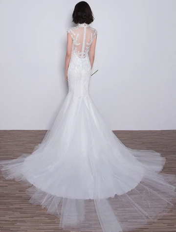 Robe De Mariée Épatantes Sirène 2017 Col Haut Appliques Dentelle Paillettes Robes De Mariée