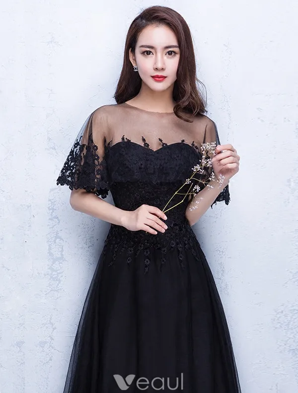 Belle Robe De Soirée 2017 Dentelle Applique Avec Robe Longue Noire