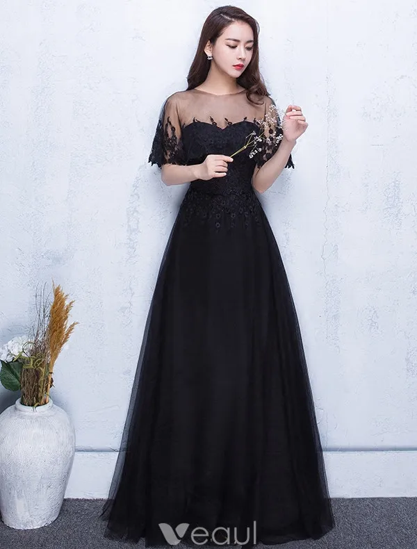 Belle Robe De Soirée 2017 Dentelle Applique Avec Robe Longue Noire