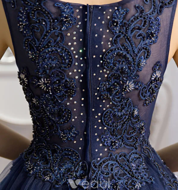 Robes De Bal Magnifique 2017 Cuillère Dentelle Col Applique Perlage Strass Bleu Marine Robe Bleue Avec Un Arc-noeud