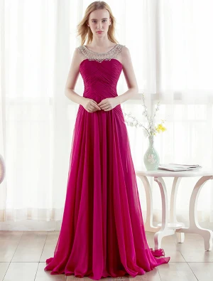 Vakre Kvelden Selskabskjoler Beading Rhinestones Hals Krusning Fuchsia Chiffon Kjole