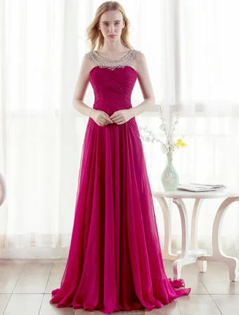 Belle Robe De Soirée Perles Strass Robe Volants Chiffon Fuchsia