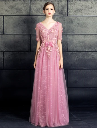 Robe De Bal Belles 2017 V Cou Applique Dentelle Fleurs Robe Rose