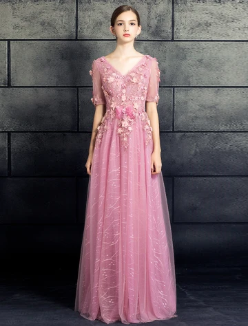 Vakre Ballkjoler 2017 V Hals Applique Blonder Blomster Rosa Kjole