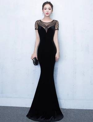 Robe De Soirée Sirène Élégante 2017 Scoop Cou Robe Noire Perlé