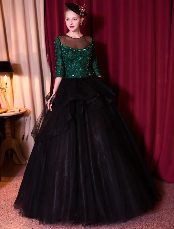 Stunning Prom Dresses 2017 Scoop Neck Dark Green Lace And Sequins With Black Tulle Puff Dress