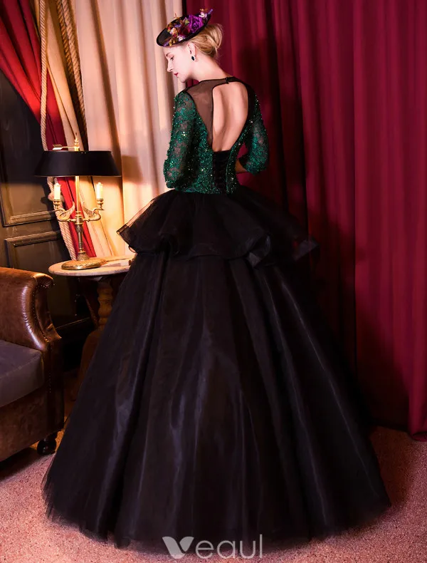 Stunning Prom Dresses 2017 Scoop Neck Dark Green Lace And Sequins With Black Tulle Puff Dress