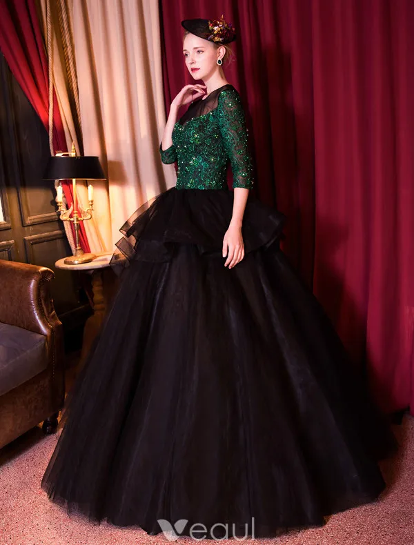 Stunning Prom Dresses 2017 Scoop Neck Dark Green Lace And Sequins With Black Tulle Puff Dress