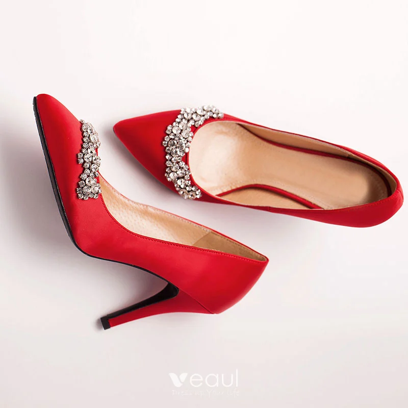 Red evening shoes with rhinestones clearance