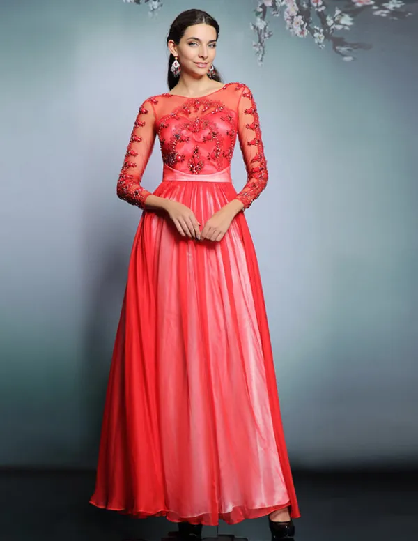2015 Red Chiffon Beading Evening Dress