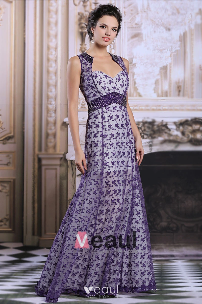 2015 Elegant Empire Shoulders Purple Lace Evening Dress Party Dress