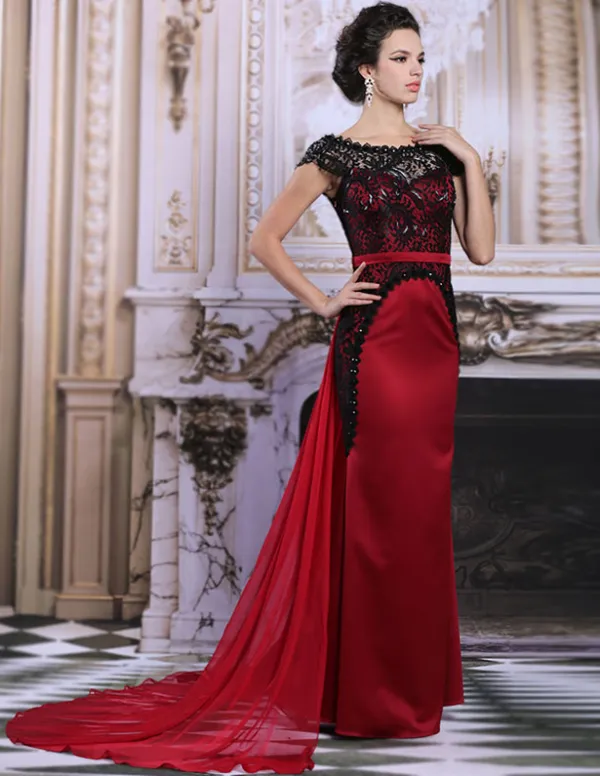 2015 Hombros Elegante Encaje Rebordear Vestidos De Noche Rojo Madre Del Vestido De La Novia