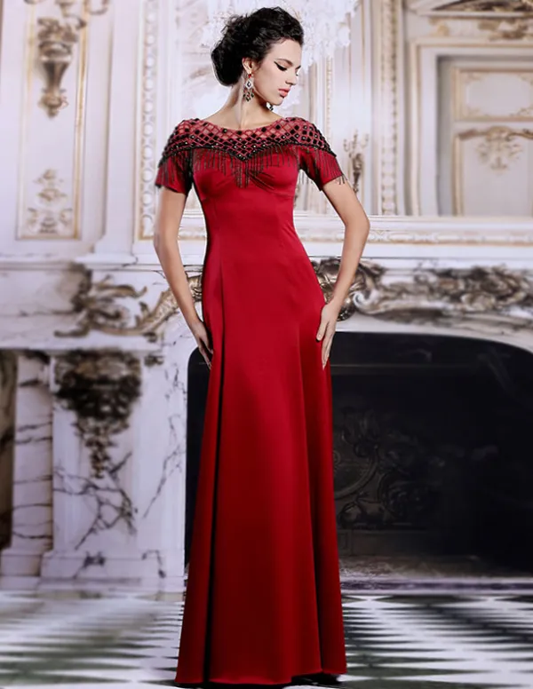 2015 Sheath Tassel Shoulders Long Red Evening Dress