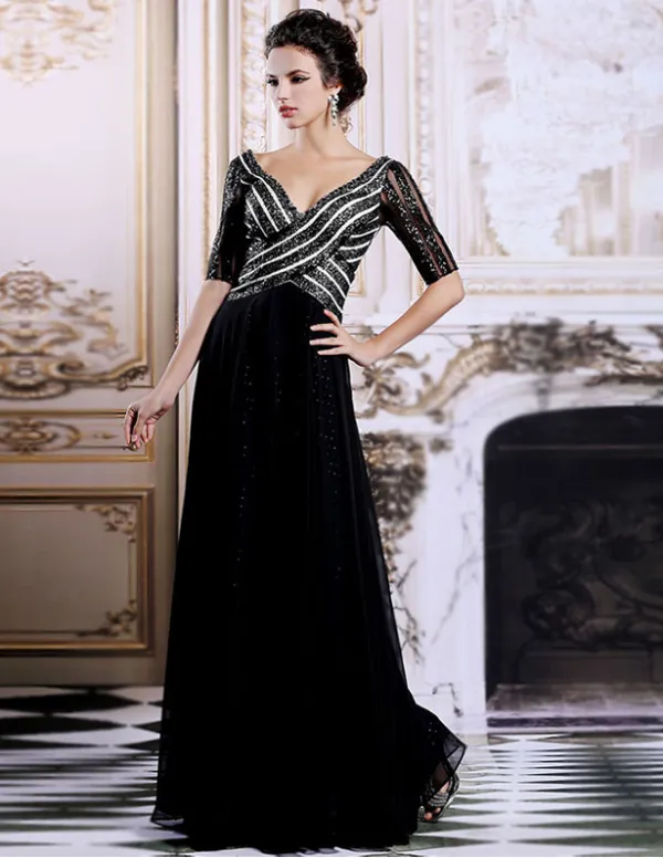 2015 Luxus V-ausschnitt Pailletten Halbarm Schwarz Langes Abendkleid