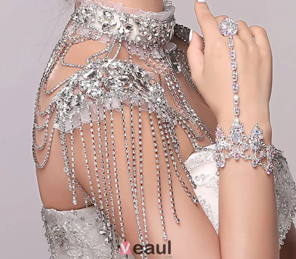 Luksusowe Wielowarstwowe Krysztalu Pomponem Rhinestone Lancuch Ramie Bizuterii Ślubnej
