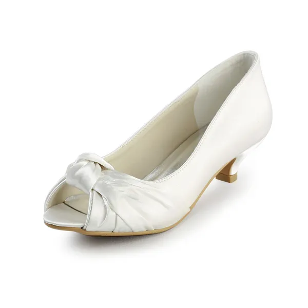 Simple Peep Toe Ruffle Ivory Satin Kitten Heels Wedding Shoes