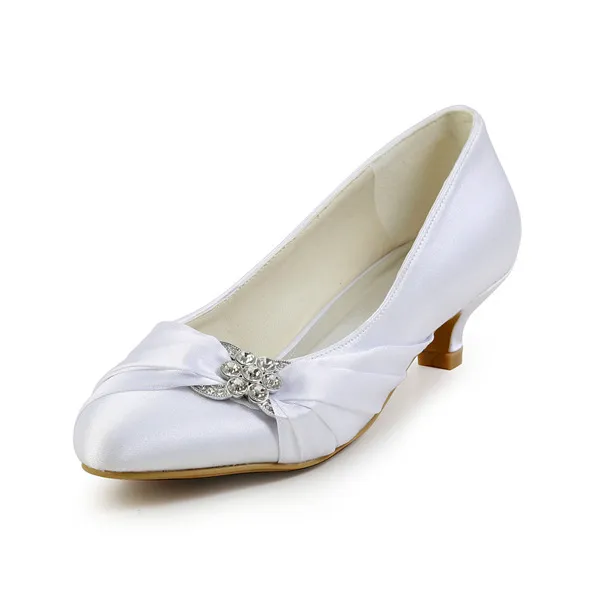 Elegant Pointed Toe Unique Accessories Ruffle White Satin Kitten Heels Wedding Shoes