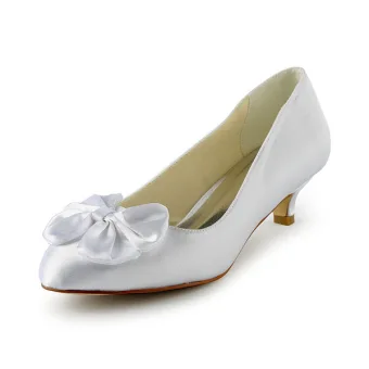 Princess Pointed Toe Bow White Satin Kitten Heels Wedding Shoes