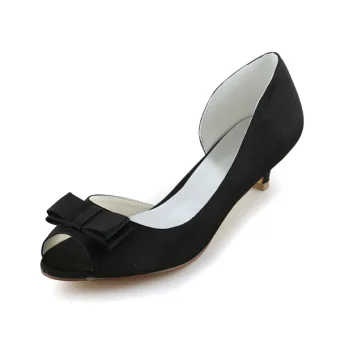Vintage Peep Toe Black Satin Kitten Heels Open Side Wedding Shoes With Bow