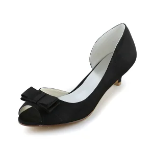 Peep Toe Czarnym Rocznika Kotek Obcasy Otwarte Satynowe Buty Ślubne Z Kokardką Z Boku