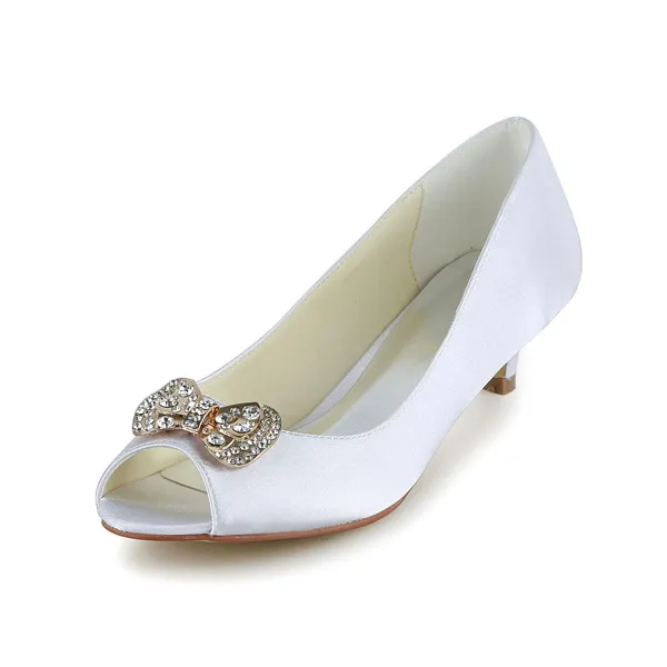Sparkly Peep Toe White Satin Kitten Heels Pumps Wedding Shoes With Rhinestone Bow