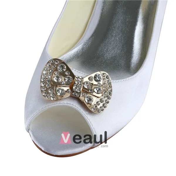 Sparkly Peep Toe White Satin Kitten Heels Pumps Wedding Shoes With Rhinestone Bow
