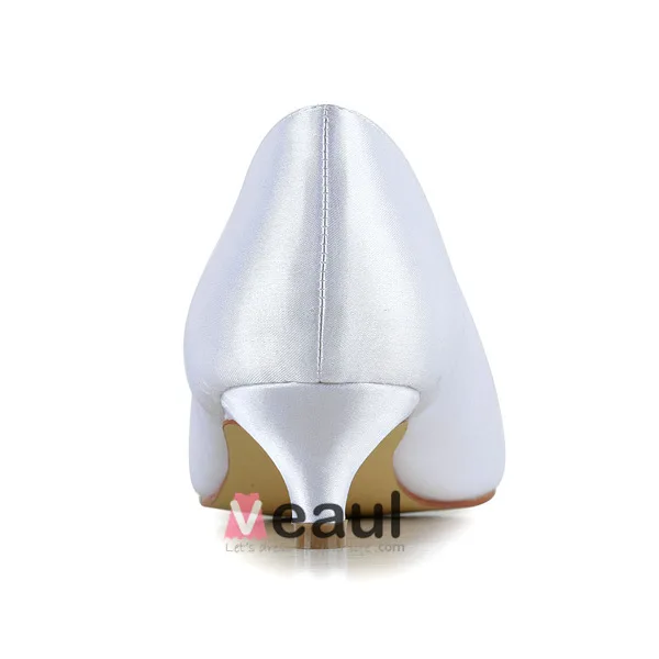 Sparkly Peep Toe White Satin Kitten Heels Pumps Wedding Shoes With Rhinestone Bow