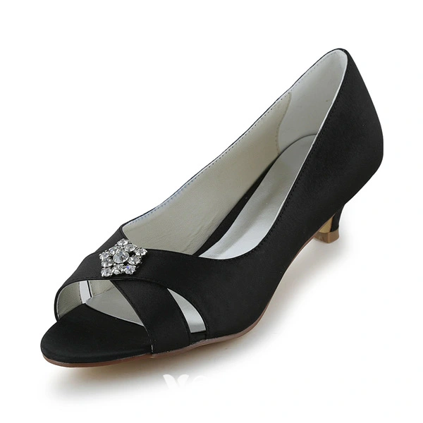 Chic Peep Toe Black Satin Kitten Heels Pumps Wedding Shoes With Rhinestone