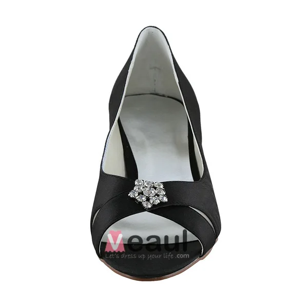 Chic Peep Toe Zwart Satijn Kitten Heels Pumps Schoenen Met Strass