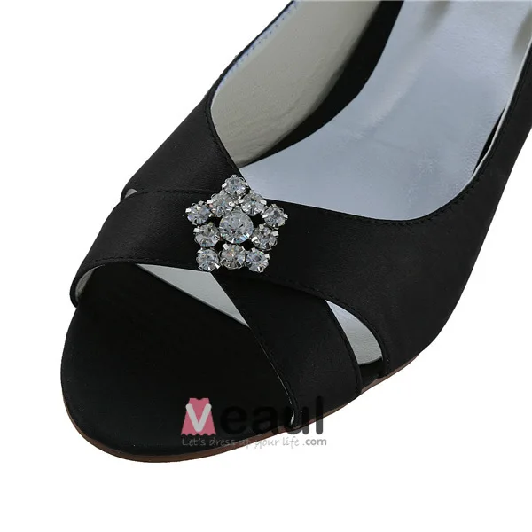 Chic Peep Toe Zwart Satijn Kitten Heels Pumps Schoenen Met Strass