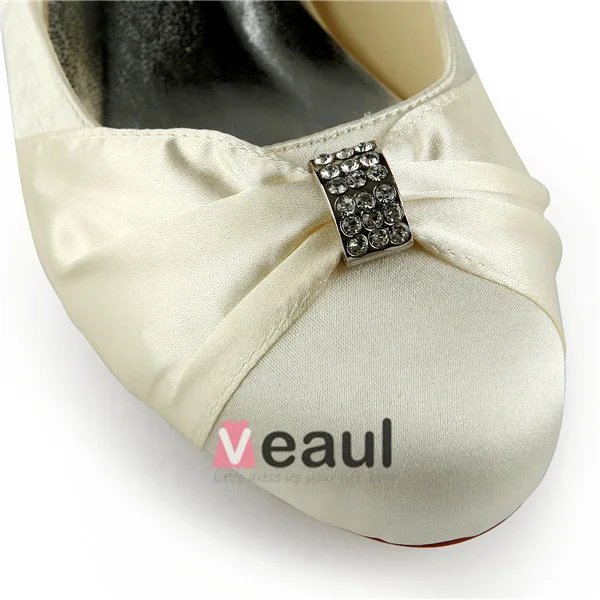 Princess Round Toe Mid Wedges Satin Pumps Wedding Shoes With Ruffle Bow