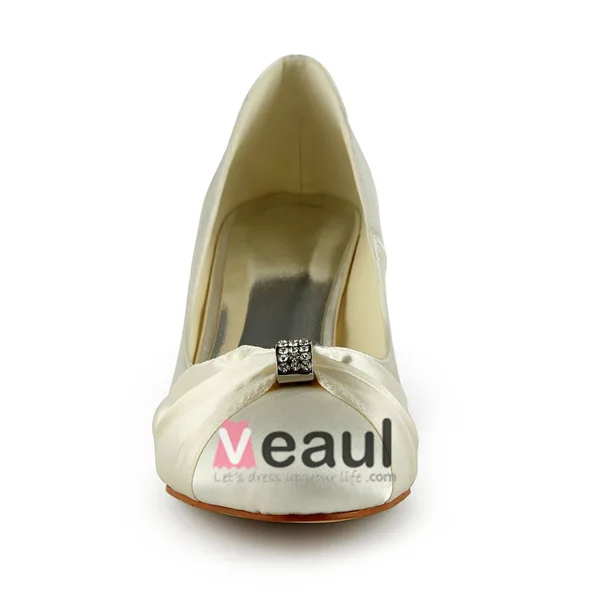 Princess Round Toe Mid Wedges Satin Pumps Wedding Shoes With Ruffle Bow
