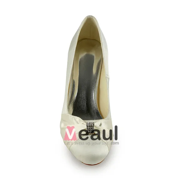 Princess Round Toe Mid Wedges Satin Pumps Wedding Shoes With Ruffle Bow